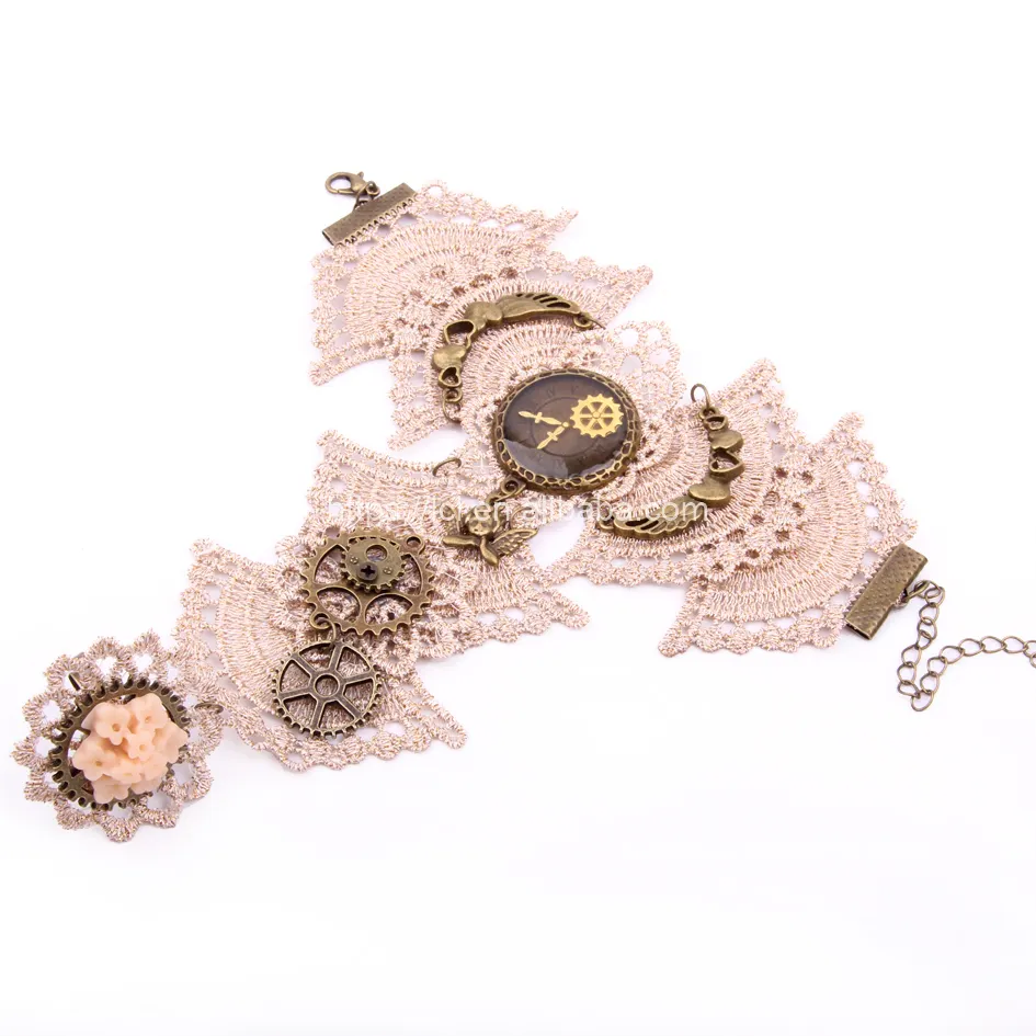 Wholesale steampunk gears beige white lace ring bracelet with clock Italy retro heart angel wing bracelet with ring attached