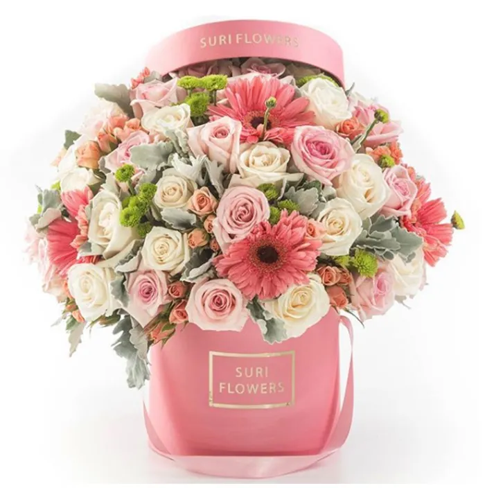 Boites à chapeaux et fleurs en daim Rose, 1 pièce, cylindre cadeau personnalisé en carton, boîtes pour fleurs, avec poignée, Rose, vente en gros