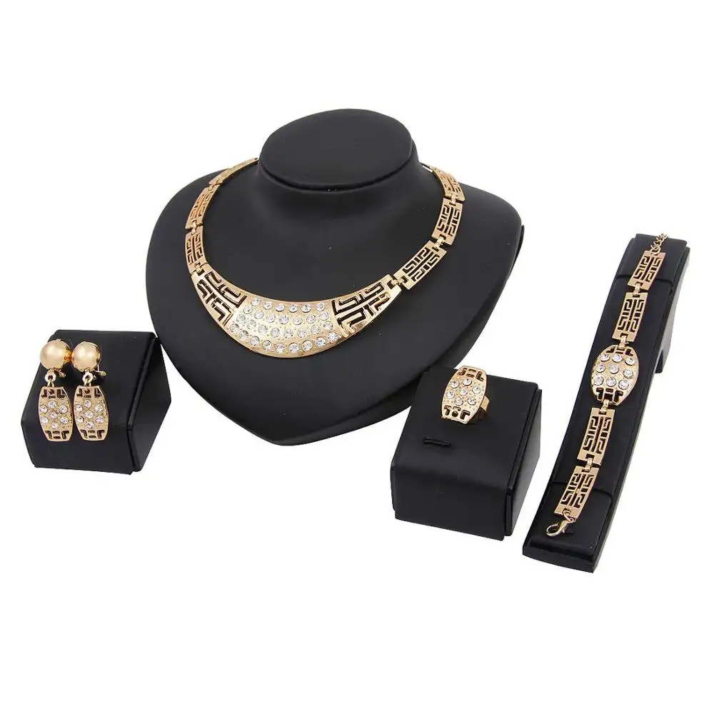 Vergoldung Legierung Halskette Armreif Ohrringe und Ring Schmuck Set für Frauen Hochzeits feier