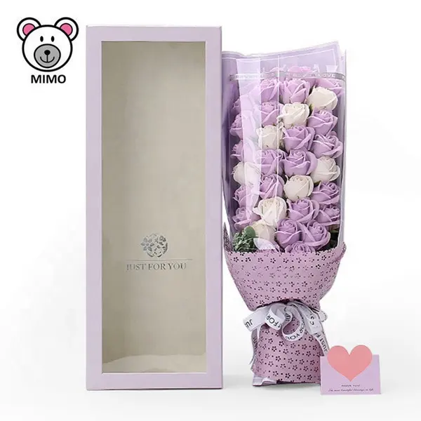 Bella Viola E Bianco Sapone Rose Bouquet Per il Giorno di san valentino MOQ BASSO Del Fumetto Scatole di Cerimonia Nuziale Della Sposa Bouquet di Fiori Artificiali