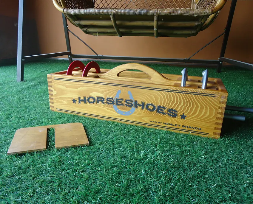 Conjunto de sportcraft horseshoes jogo de piting, em aço, caixa de madeira, arremesso ao ar livre