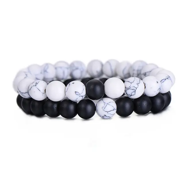 2 Pçs/set Casais Distância Pulseira Pedra Natural Clássico Branco e Preto Frisado Pulseiras para Mulheres Dos Homens HZS-0091