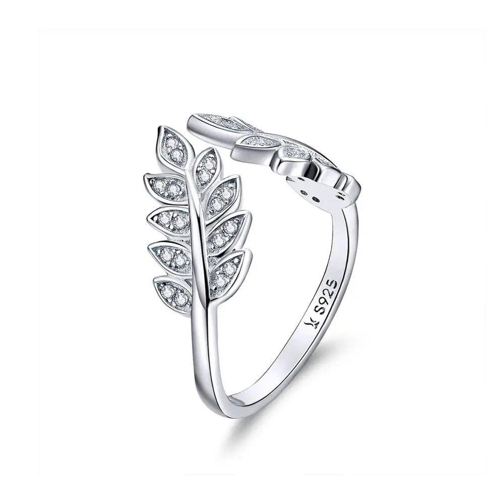 BAGREER SCR505 Rhinestone wings 925 Silver Ring charm cz stone leaf adjustable open Rings 2019 custom Jewelry for party