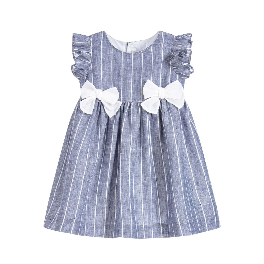 Guangzhou, venta al por mayor, vestido de rayas a la moda de lino de algodón coreano para niñas pequeñas