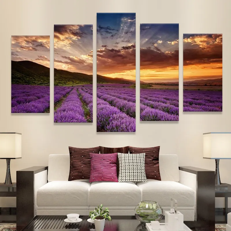 Arte moderna de lavanda roxa, decoração de parede de lavanda, pintura esticada em lona