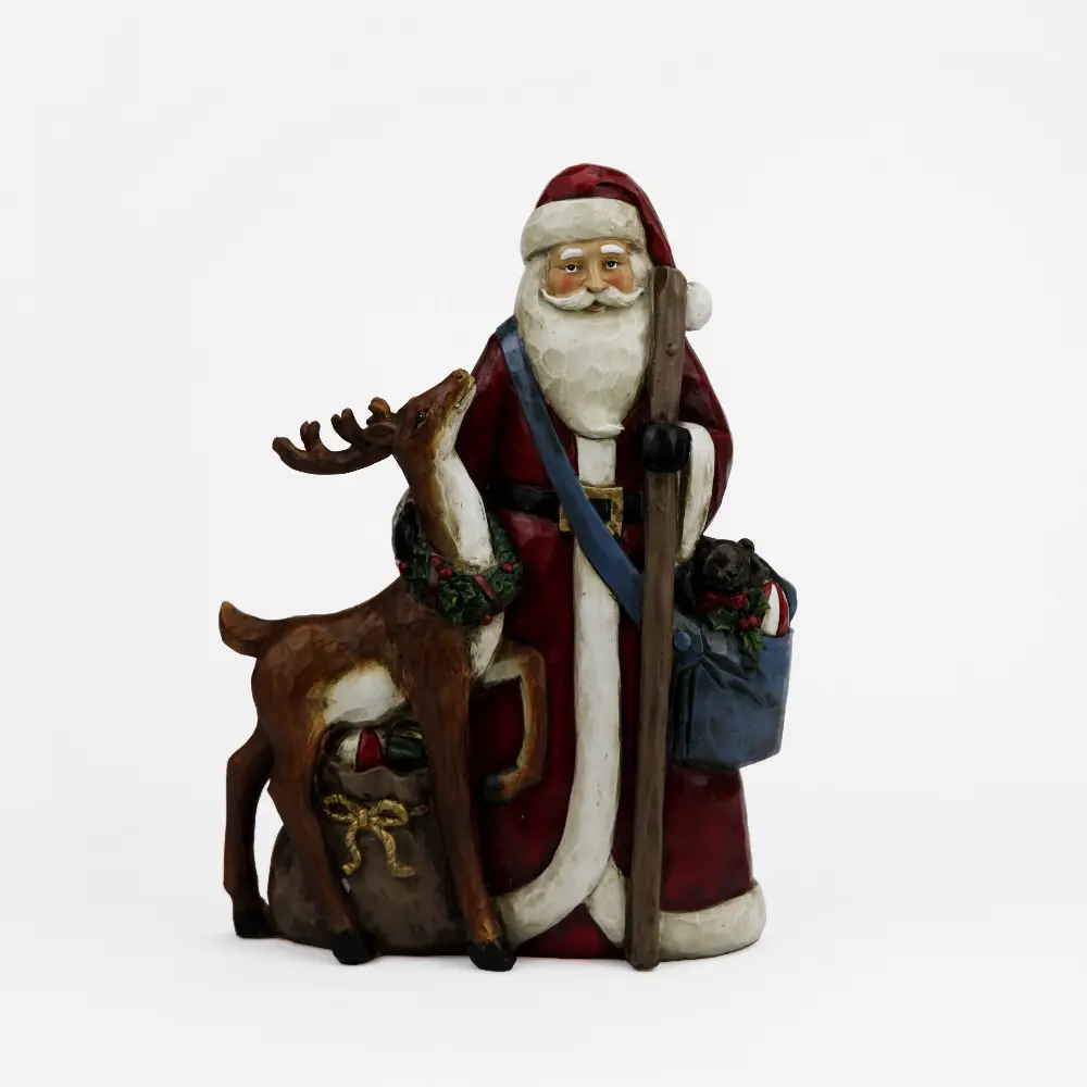 Figuras coleccionables de Papá Noel de pie con Reno, estatua de Navidad interior