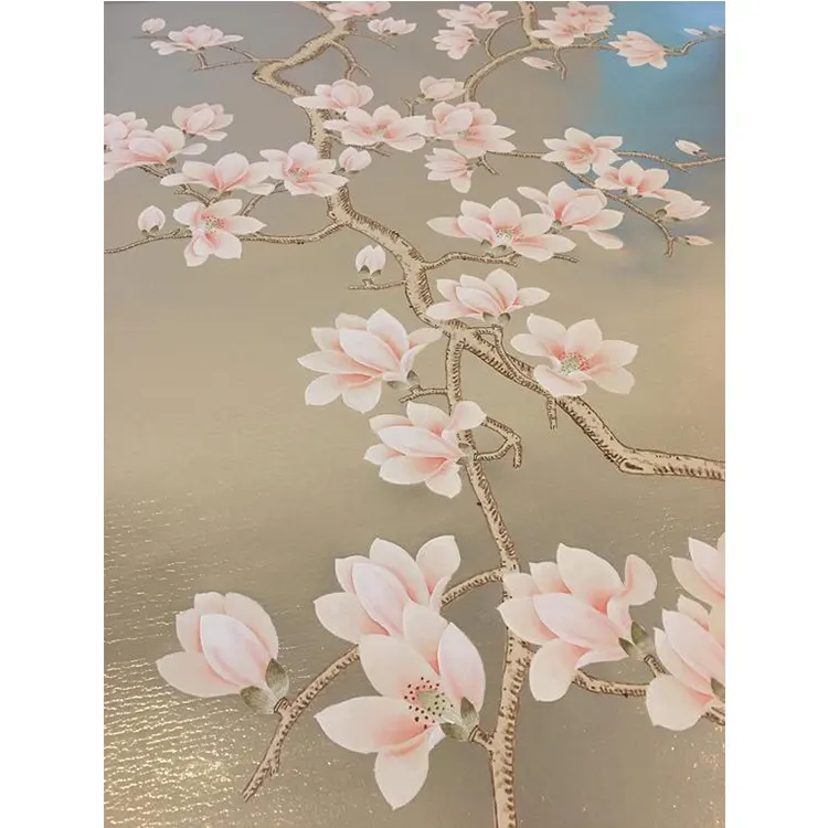 Pintado a mano de magnolia papel pintado en champagne oro hoja metálica