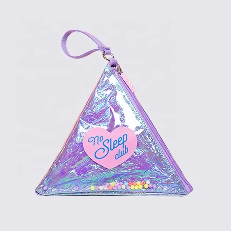 Girl pvc triangle laser cosmetic bag makeup holographic heart clutch cute bag