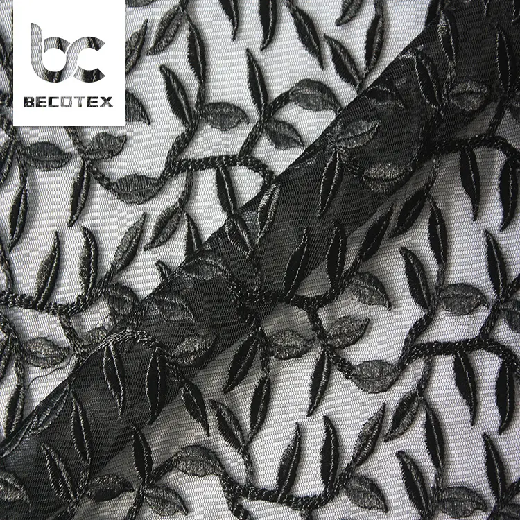 Siyah renk zarif polyester İşlemeli tül dantel kumaş
