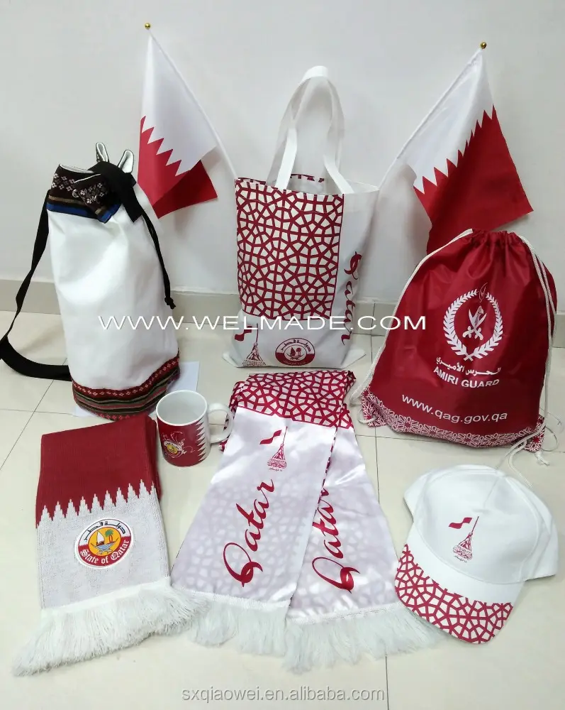 Conjunto de boné de bandeira do qatar, kit de bolsas para presente do dia nacional do qatar com logotipo personalizado