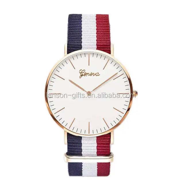 Reloj de mujer con logotipo personalizado para deportes al aire libre, de nailon, geneva, oro rosa