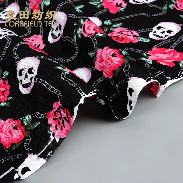 Tela de flores de calavera de algodón con estampado digital de fabricante chino práctico y de alta calidad