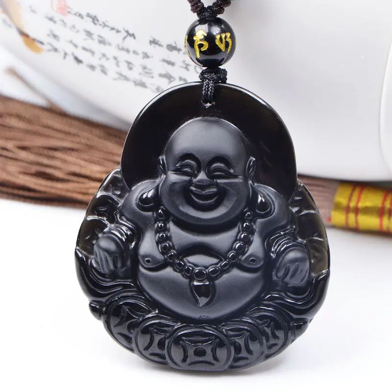 Natürlicher Obsidian Lachen Geld Buddha Anhänger Halskette Perlen Patron Saint Amulet Maskottchen Glück Anhänger für Männer Schmuck
