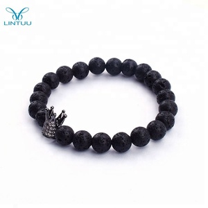 Cute Style Mens Bracelet <strong>Fashion</strong> Beaded Natural Lava Stone with Paved Diamond Crown Made from <strong>Jade</strong> for Anniversaries - Product Image 3