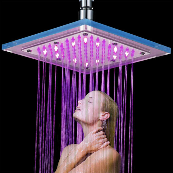 Temperature Detectable Light 8 Inch Glass Led Rustproof Shower Head(Blue-Pink-Red)