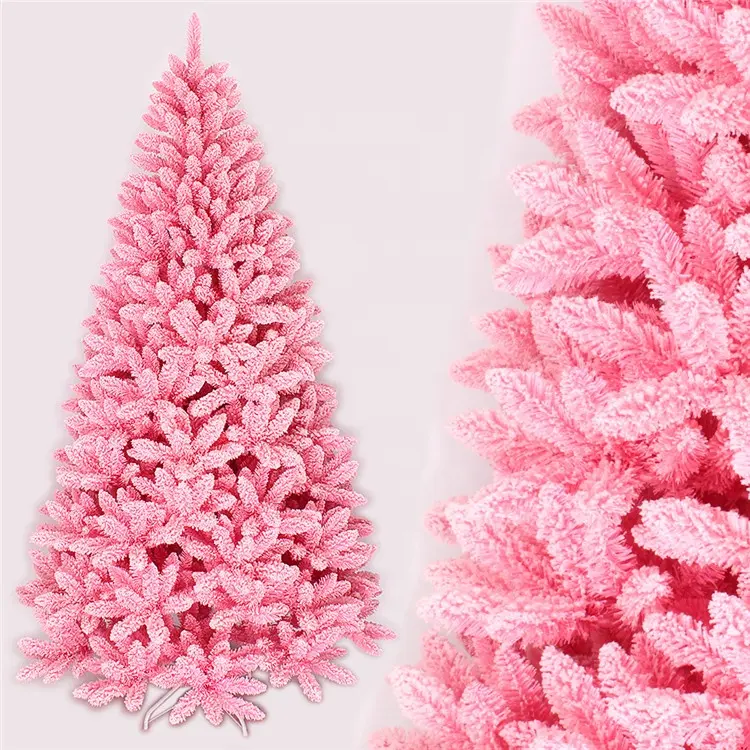 Enfeite de natal artificial rosa reuniram neve pinheiro árvores de natal PVC com base de metal