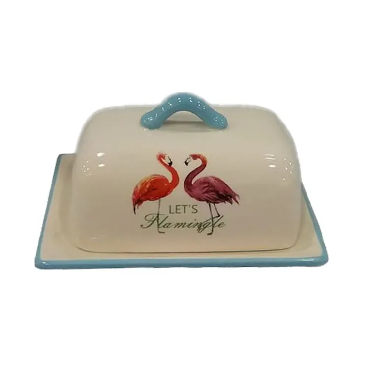 wholesale unique flamingo pattern ceramic butter dish with lid