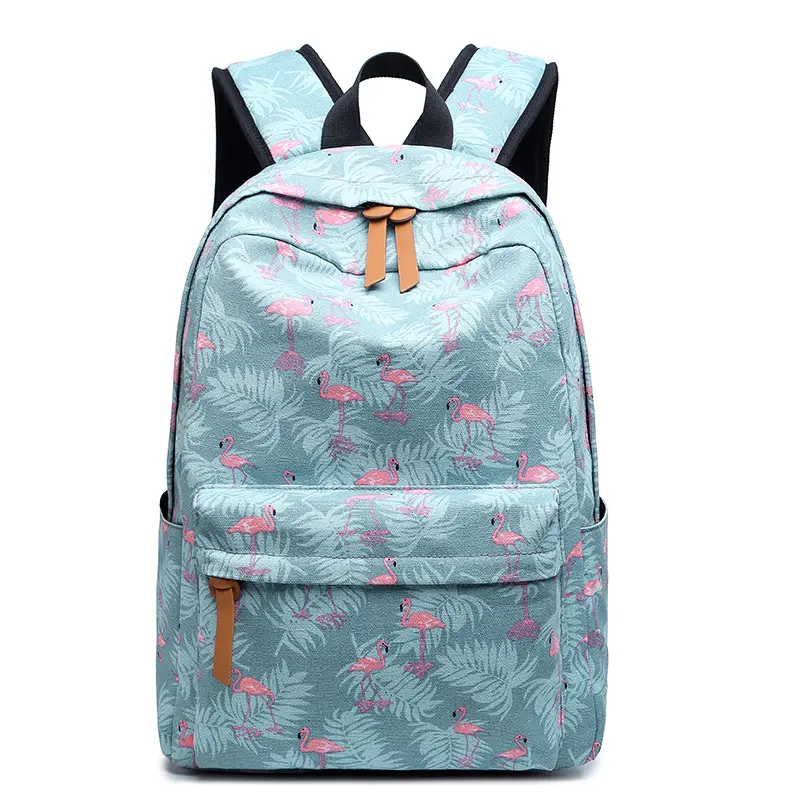 Tas Sekolah Kanvas untuk Remaja Perempuan, Tas Ransel Kartun Flamingo Vintage Kanvas Travel Kantung Ecole