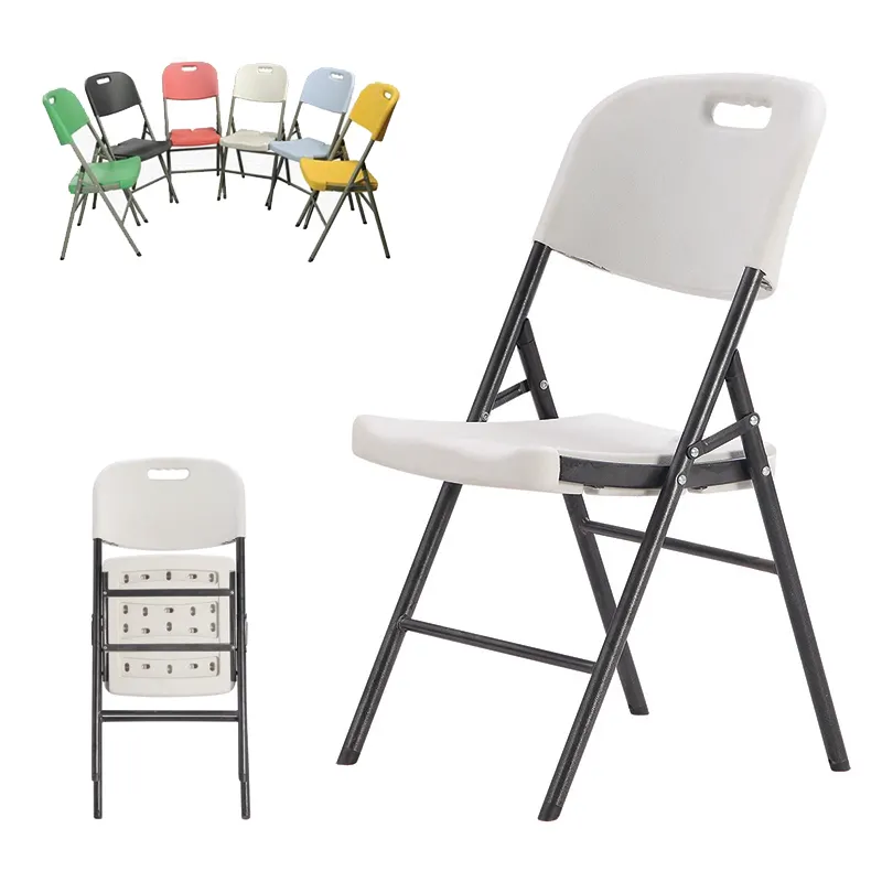 Cadeira de plástico dobrável, cadeira dobrável de resina branca com pernas de metal, atacado hdpe para acampamento, banquete de casamento, cadeira de casamento, plegables