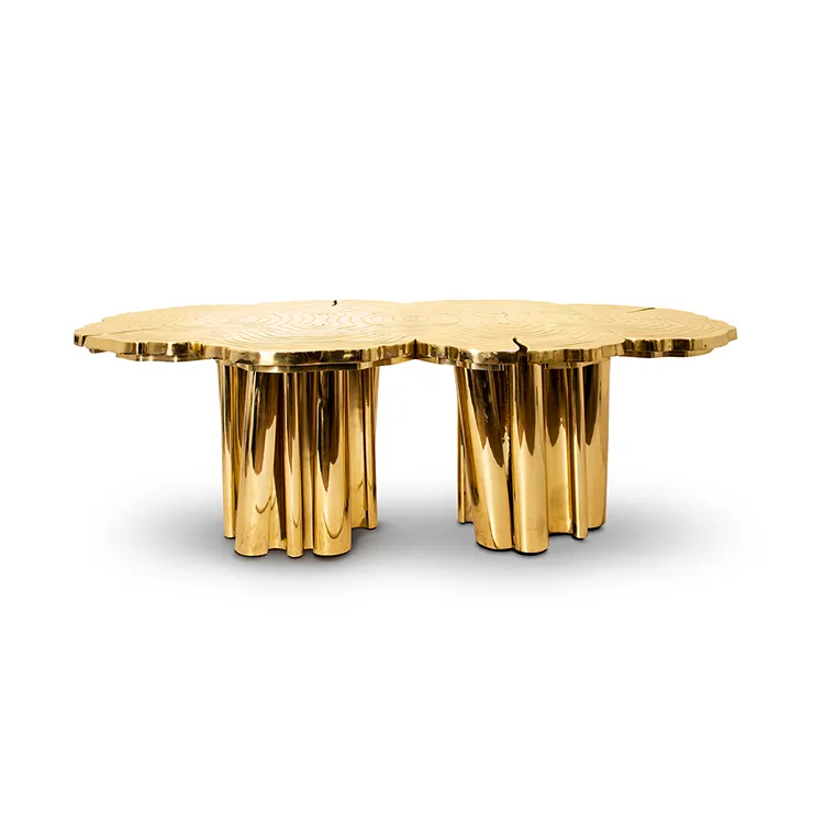 Meubles de salle à manger au design de luxe, 12 sièges, table en bois et acier métal poli, laiton, doré, 2 pièces