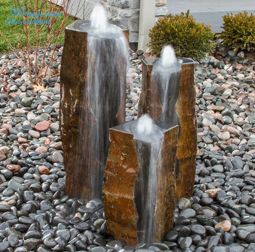 Fuente de agua de basalto Natural para exteriores, columna tallada a mano para paisaje, jardín y patio