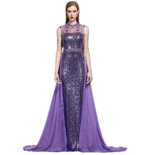 2023 wedding party dresses removeable train sequin lace evening gowns sexy hand made beaded gowns purple sequined evening dress