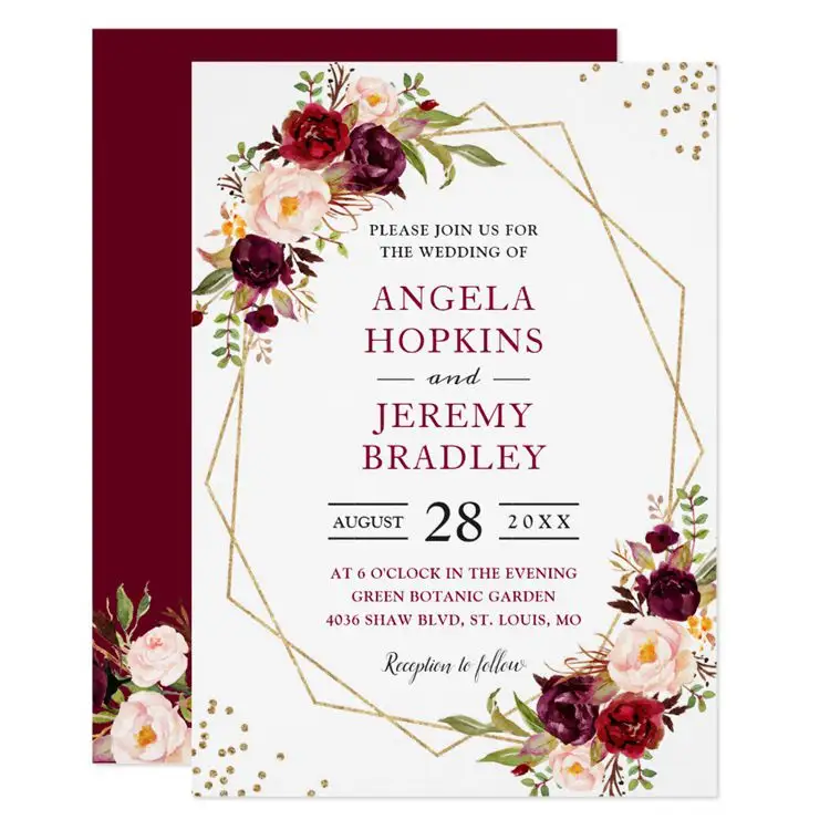 Invitación de boda de lujo personalizada Blush Borgoña Floral marco dorado moderno