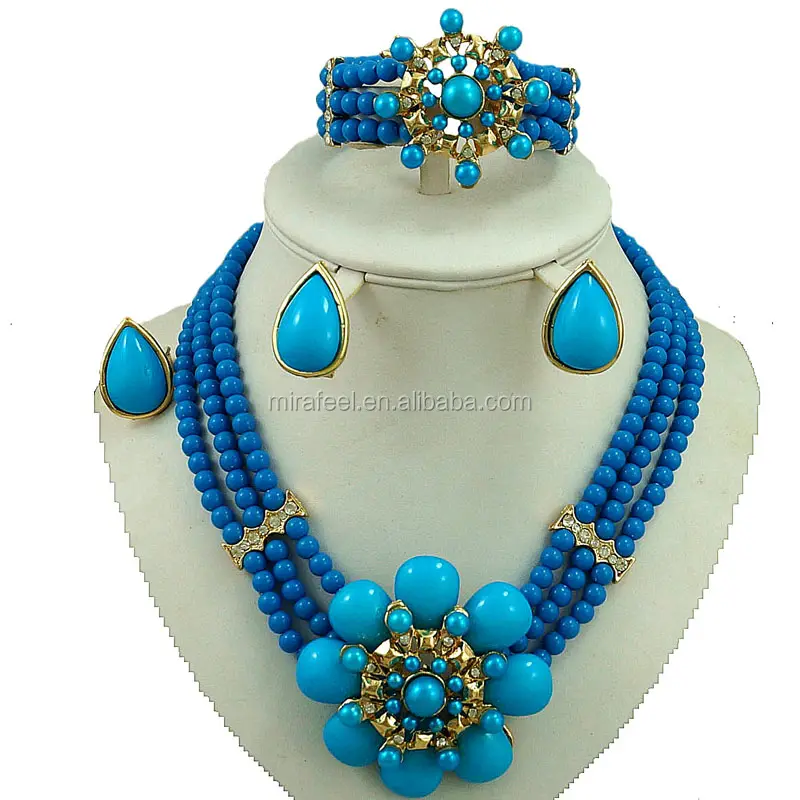 Popolare brillantemente blu colore nigeriani branelli di corallo insieme dei monili wedding set nuziale