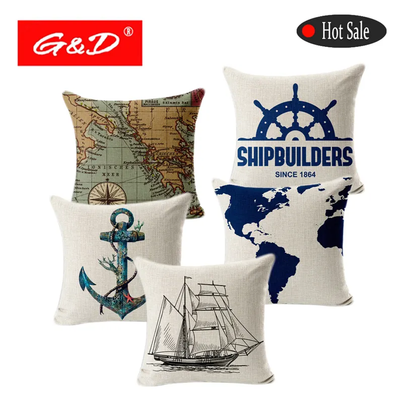 G&D Nautical Anchor Sailor Sailing Map Cotton Cushion Sofa Hotel Pad Home Decoration Pillow Cover Cushion Cover