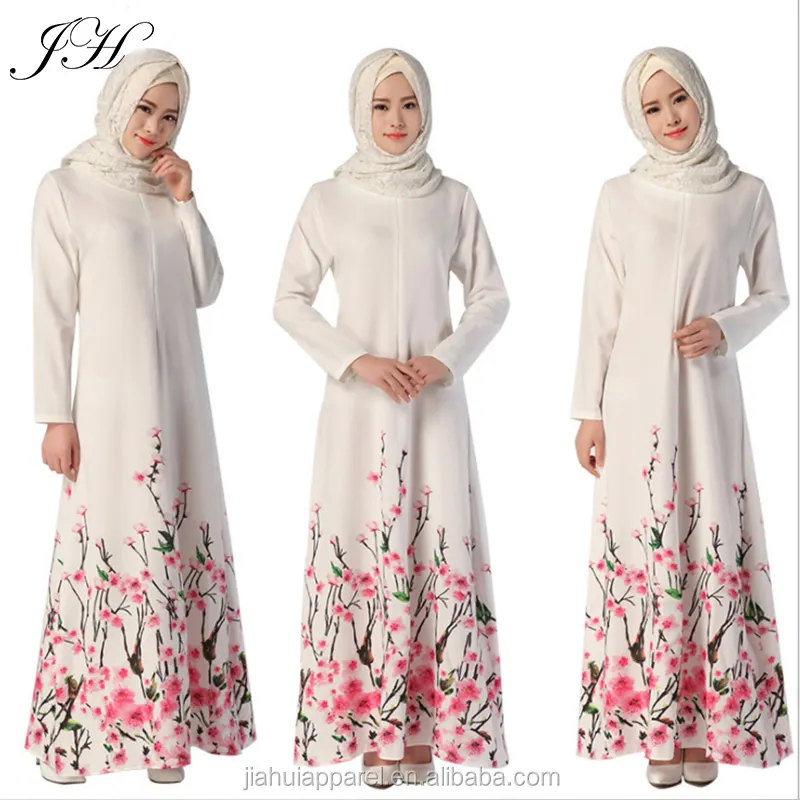 Robe Abaya Maxi à manches longues pour femmes, robe longue, imprimée blanche, style musulman, robes traditionnelles
