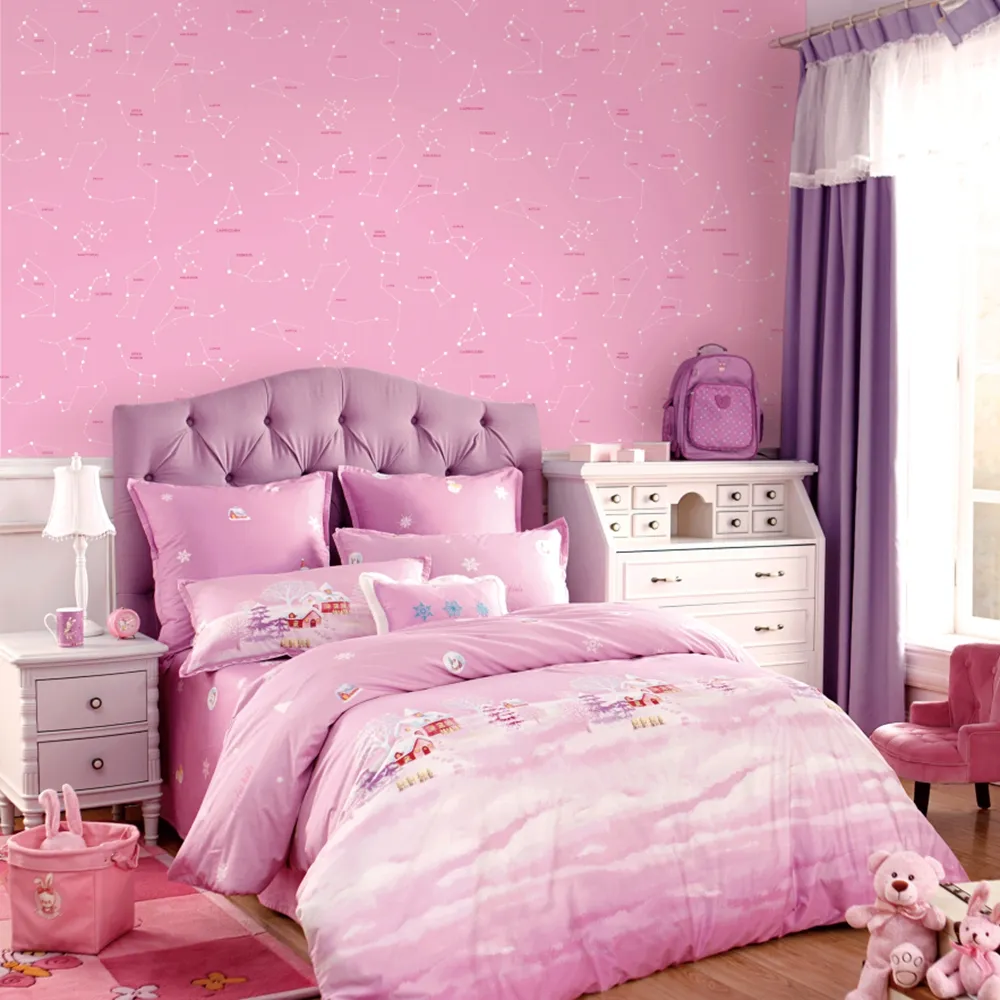 Papel de parede design desenho animado rosa, 0.53*10m/rolo para o quarto das meninas do bebê
