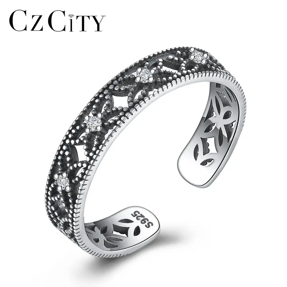 CZCITY anelli stile Chian di alta qualità Retro argento Cz oro nero Micro gioielli donna anello a catena regolabile