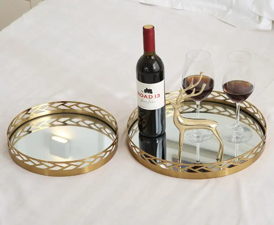 100% handmade round gold metal glass mirror serving tray for home decor and hotel