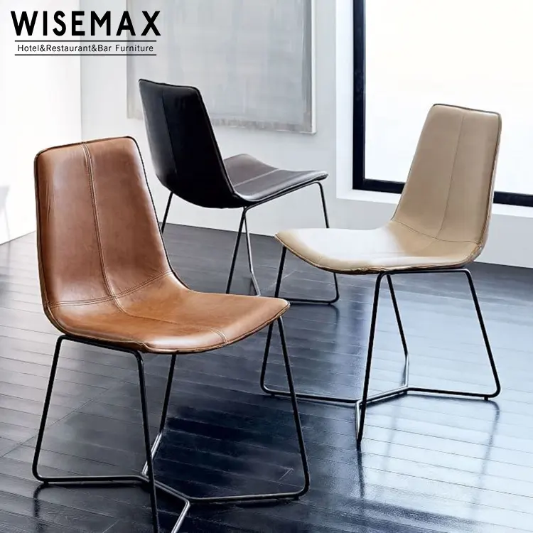 WISEMAX MOBILIÁRIO Alta Qualidade Moderno Restaurante Café Marrom Pu conjunto de couro Metal Chrome Leg Estofados Cadeira de Jantar