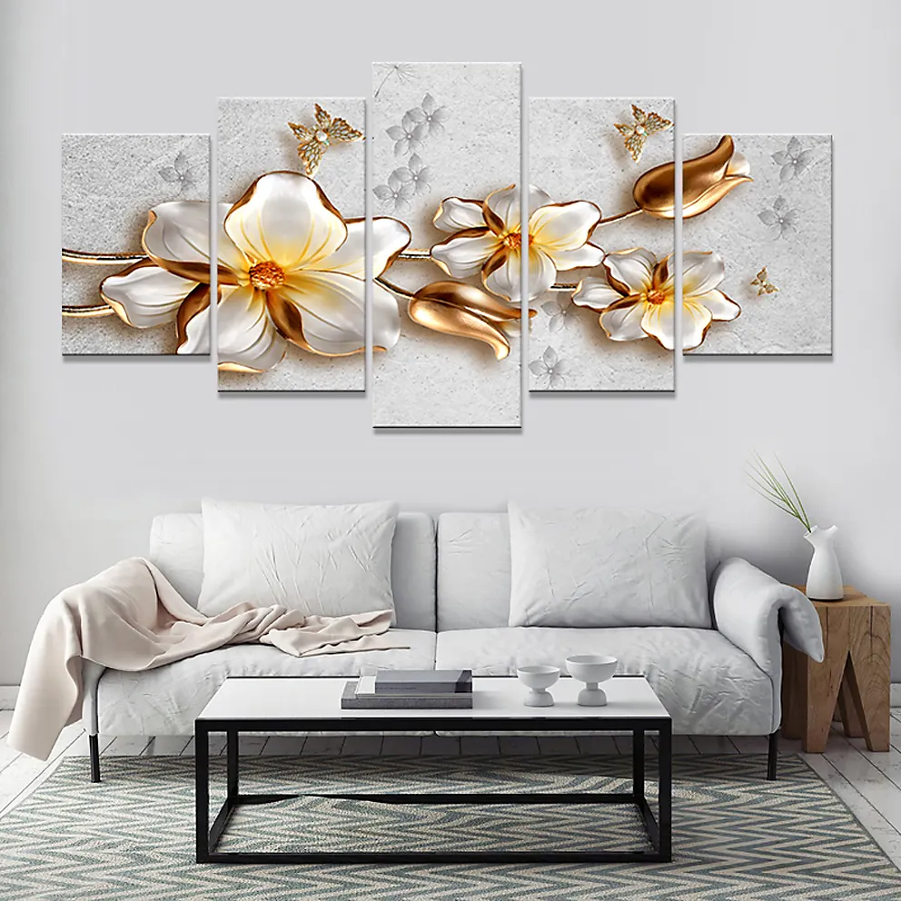 Tela de pintura de flor de ouro 5 painéis, parede 3d arte decoração pintura a óleo