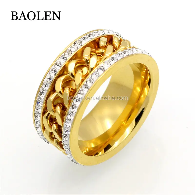 Anillo de acero de titanio para hombre y mujer, anillos de cristal de Color dorado de alta calidad, cadena decorada, anillos de acero inoxidable 316L