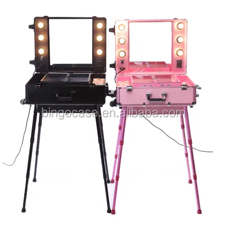 Beauty Trolley Cosmetic Box con luci specchio Rolling Makeup Station custodia da viaggio Candy Cover alluminio durevole Fashion Train Case