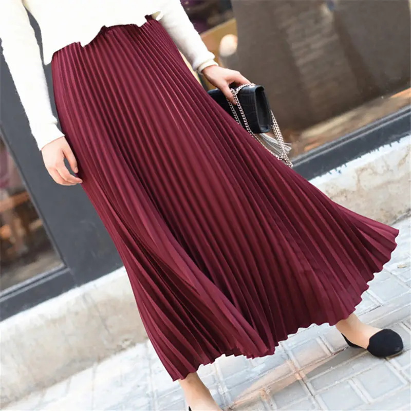 2020 spring and summer new solid color long pleated skirt high waist skirt female elastic waist skirt