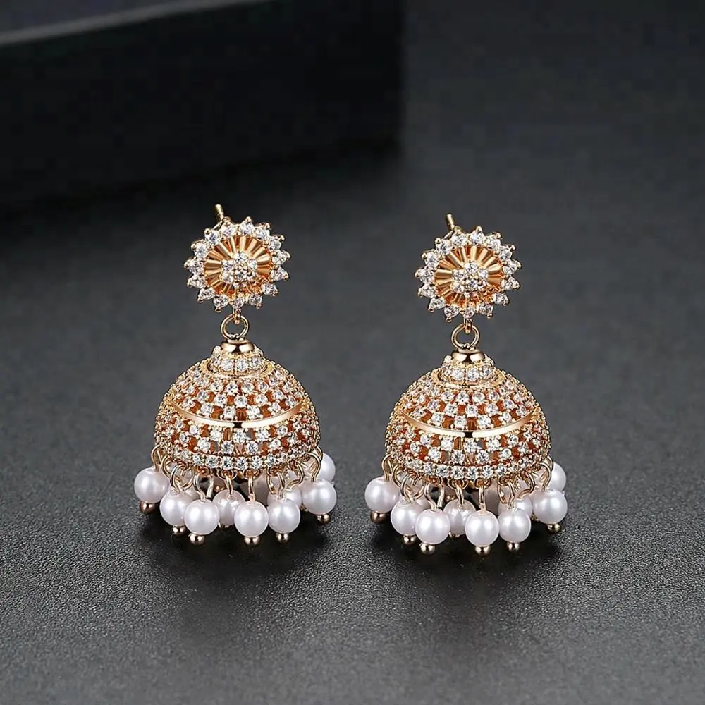 LUOTEEMI Traditioneller ethnischer Schmuck Jhumka Ohrringe Neue Designs Gold Quaste Jhumka Ohrringe Indien Schmuck