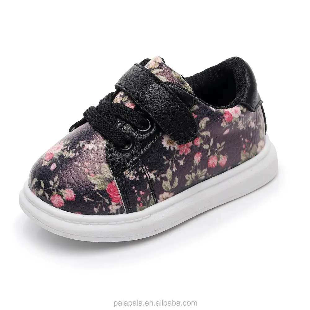 Zapatos suaves para bebé y niña, zapatillas negras con flores, primavera 2018