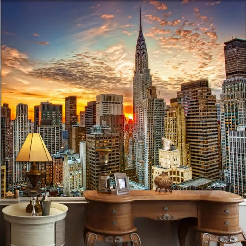 Papier peint panoramique 3d de différentes couleurs, tapisserie en Sisal à paysage de la ville de New York, décor nocturne, pour salle à manger