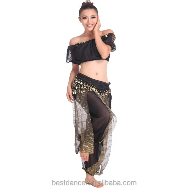 Free Shipping Belly Dance Costume Set Beads Bells Top+Shinny Sequin Balloon Bloomers trouser