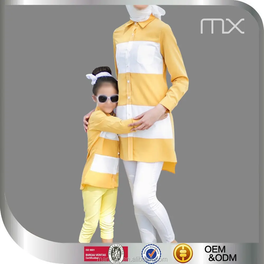 Dolce famiglia set vestiti di giallo e bianco baju kurung malaysia all'ingrosso abaya abbigliamento islamico musulmano per mamma e figlia