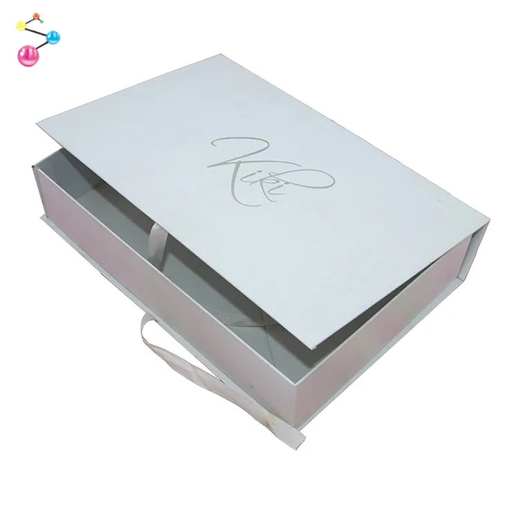 Custom Logo Carton Magnetic Scarf Gift Rigid Cardboard Book Shape White Paper Flat Pack Packaging Box With Ribbon