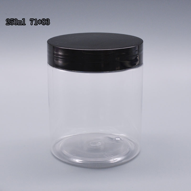 Barattolo trasparente con tappo di plastica nera