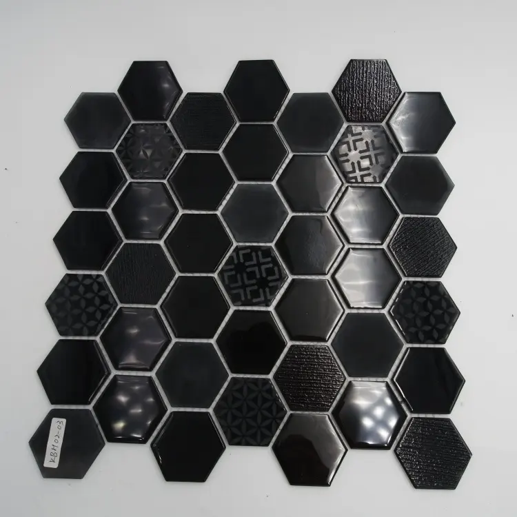 Telha mosaico de vidro 4 superfícies preto hexágono cristal china telha mosaico