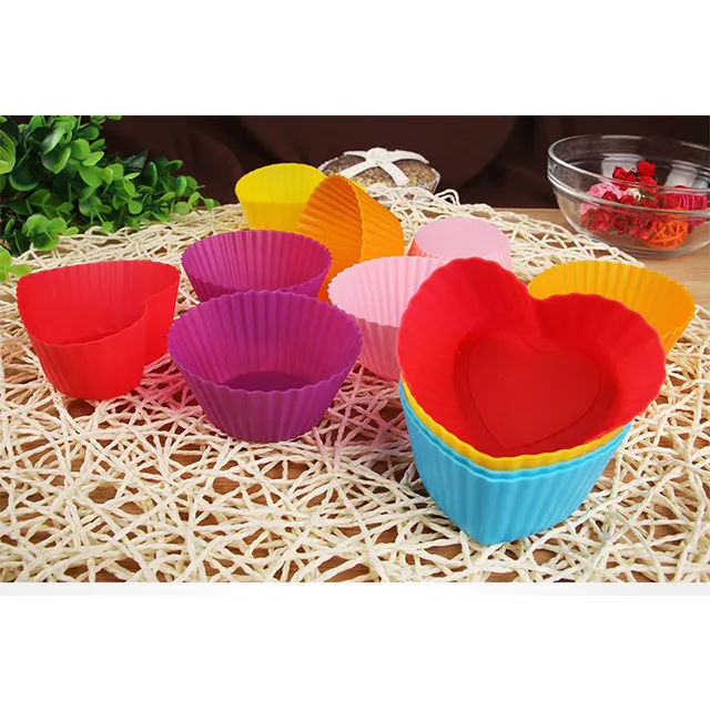 Hot Sale Set dari 12 buah (1 lusin) bentuk hati bulat silikon Cupcake Liner pan/Muffin cetakan kue/Muffin cangkir