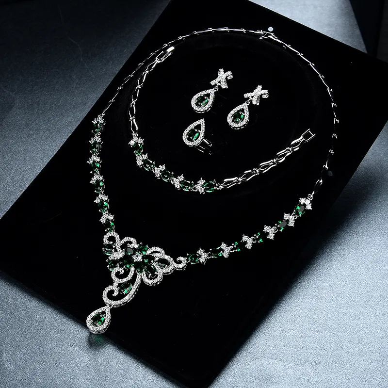 Joias delicadas de cristal, joias femininas de luxo com esmeralda cúbica, zircônia, conjunto de joias para casamento, esmeralda