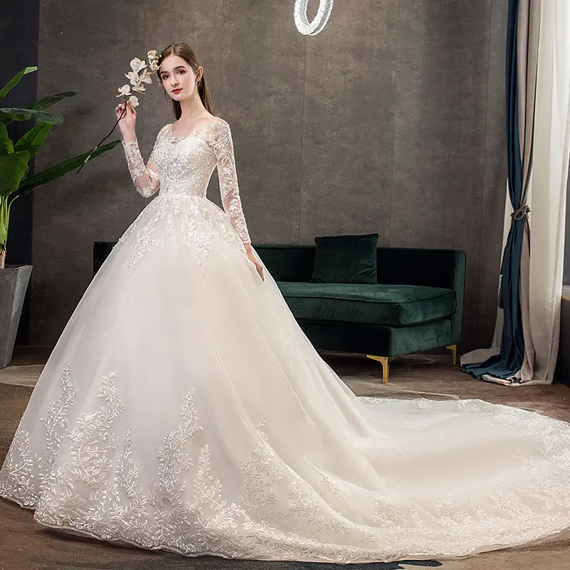 Vestido de noiva com laço e mangas compridas, vestido de casamento com grande trem, foto real, luxo, vestido de noiva, 2019