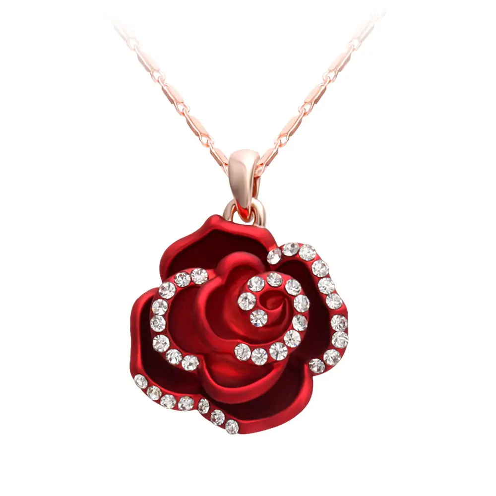 Pingente rosa vermelho com strass, colar banhado a ouro simples rosa presente para meninas dia dos namorados